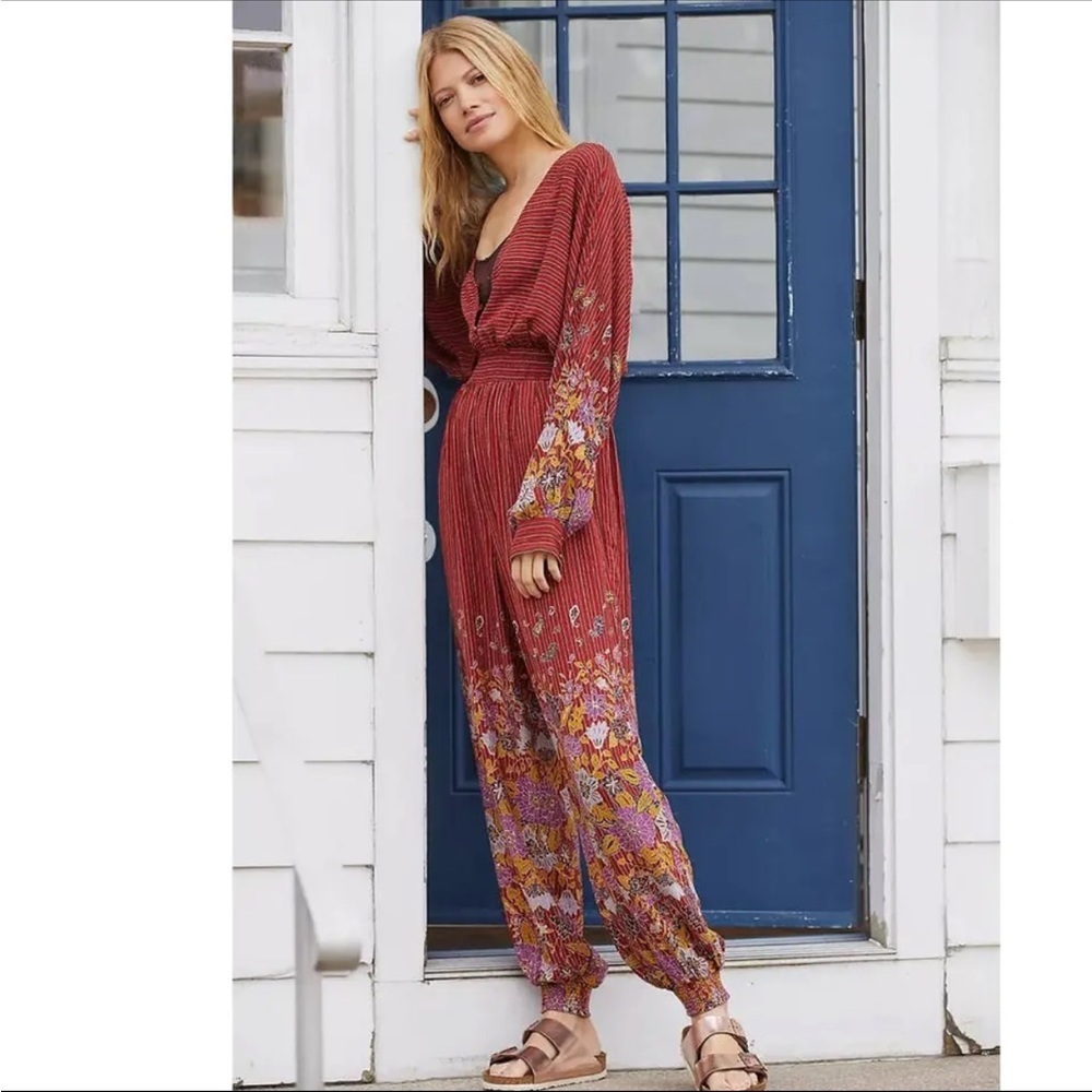 Anthropologie Breezy Open-Back Jumpsuit Womens XL Red Floral Boho NEW